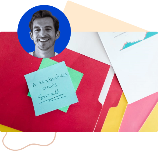 a man's face in a circle in a separate image, over stationery image and abstract lines, with a note saying 'a big business start small'